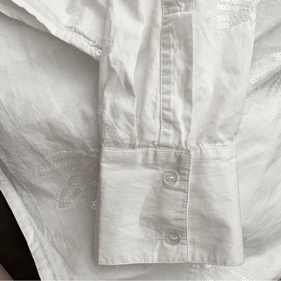 Anthropologie Calligraphie White Linen Embroidered Sequin Top Size L Cropped - Picture 8 of 10